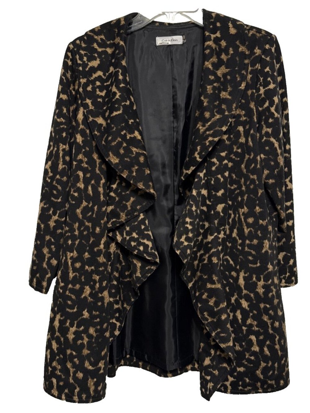 Calvin Klein Black Cashew Leopard Animal Print Cascading Front Jacket Size 10